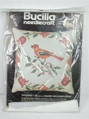 Bucilla Pillow Case Kit with Pink Green Songbird Floral Cross Stitch Farmhouse
